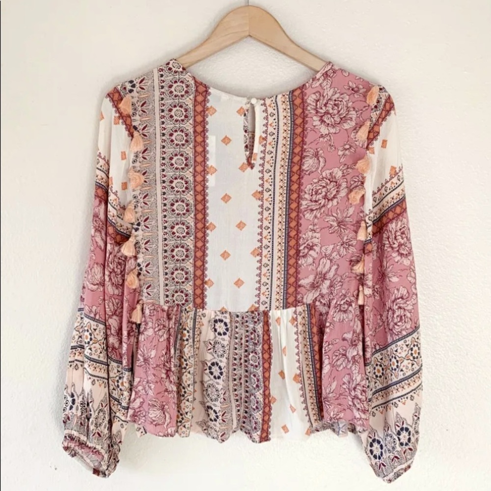 AEO Embroidered Balloon Sleeve Tassel Peasant Patchwork Peplum Top - Picture 5 of 11